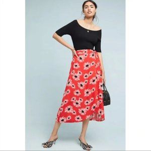 Anthropologie 52 Conversations Colloquial Red Floral Print Wrap Midi Skirt